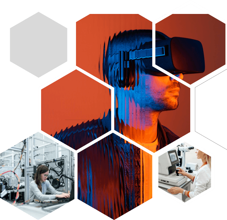 Collage of AI-native engineering: a digitally rendered human face, manufacturing, and laboratory work